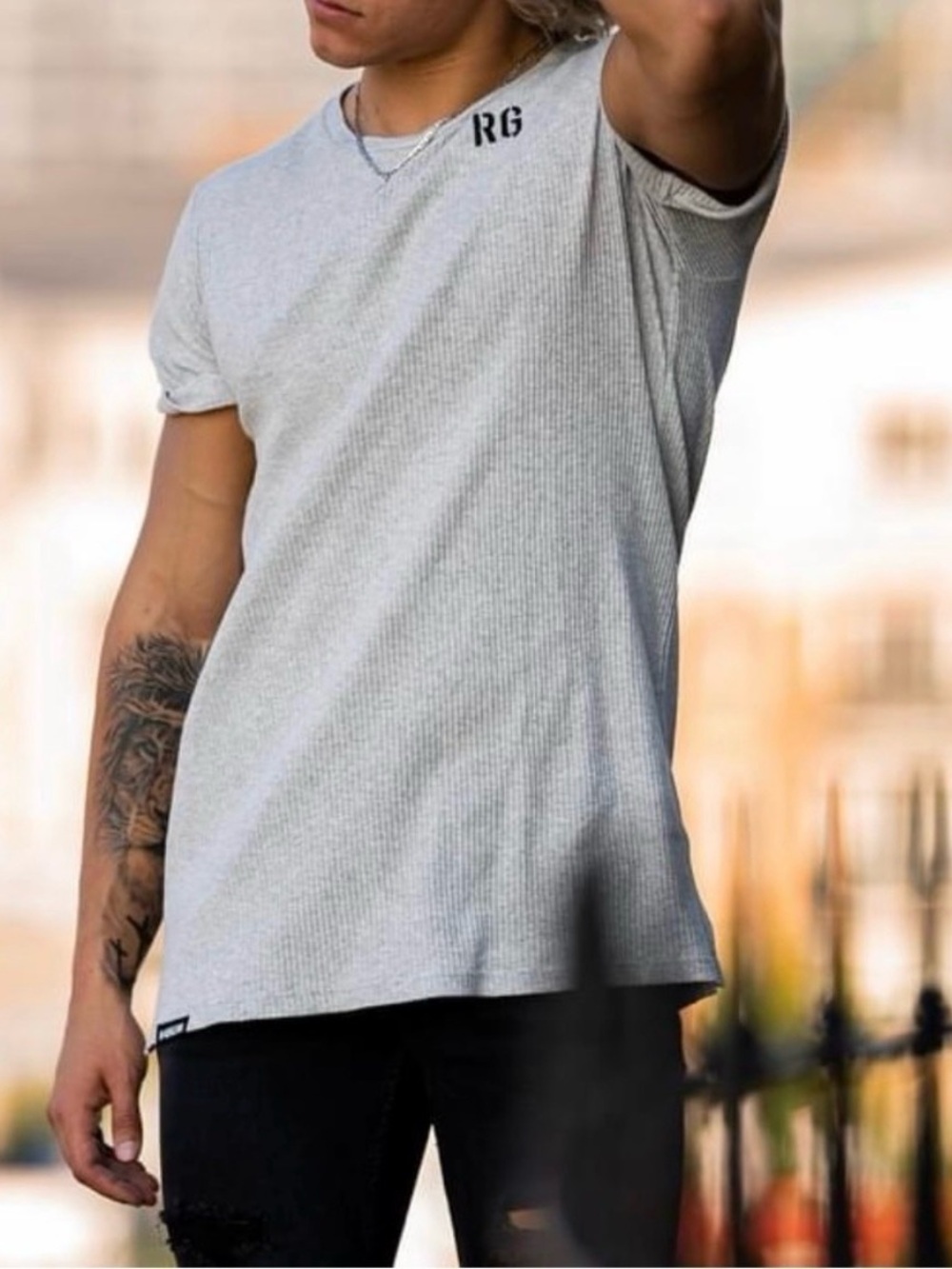 Rawgear Ribbed Embroidery Crew Neck T-Shirt in Heather Grey